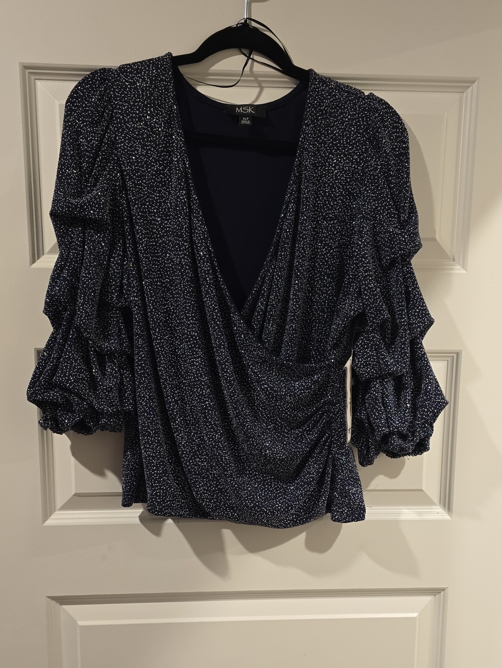 MSK Navy Microdot Surplice Puff-Sleeve Blouse